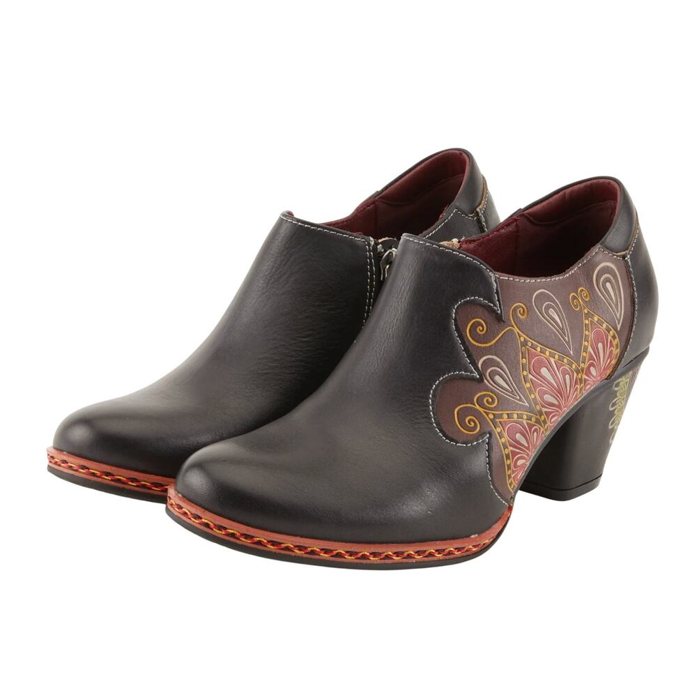 L'ARTISTE Womens Zami Heeled Bootie EU 35 US 5 Black Multi Embossed Leather NWOB